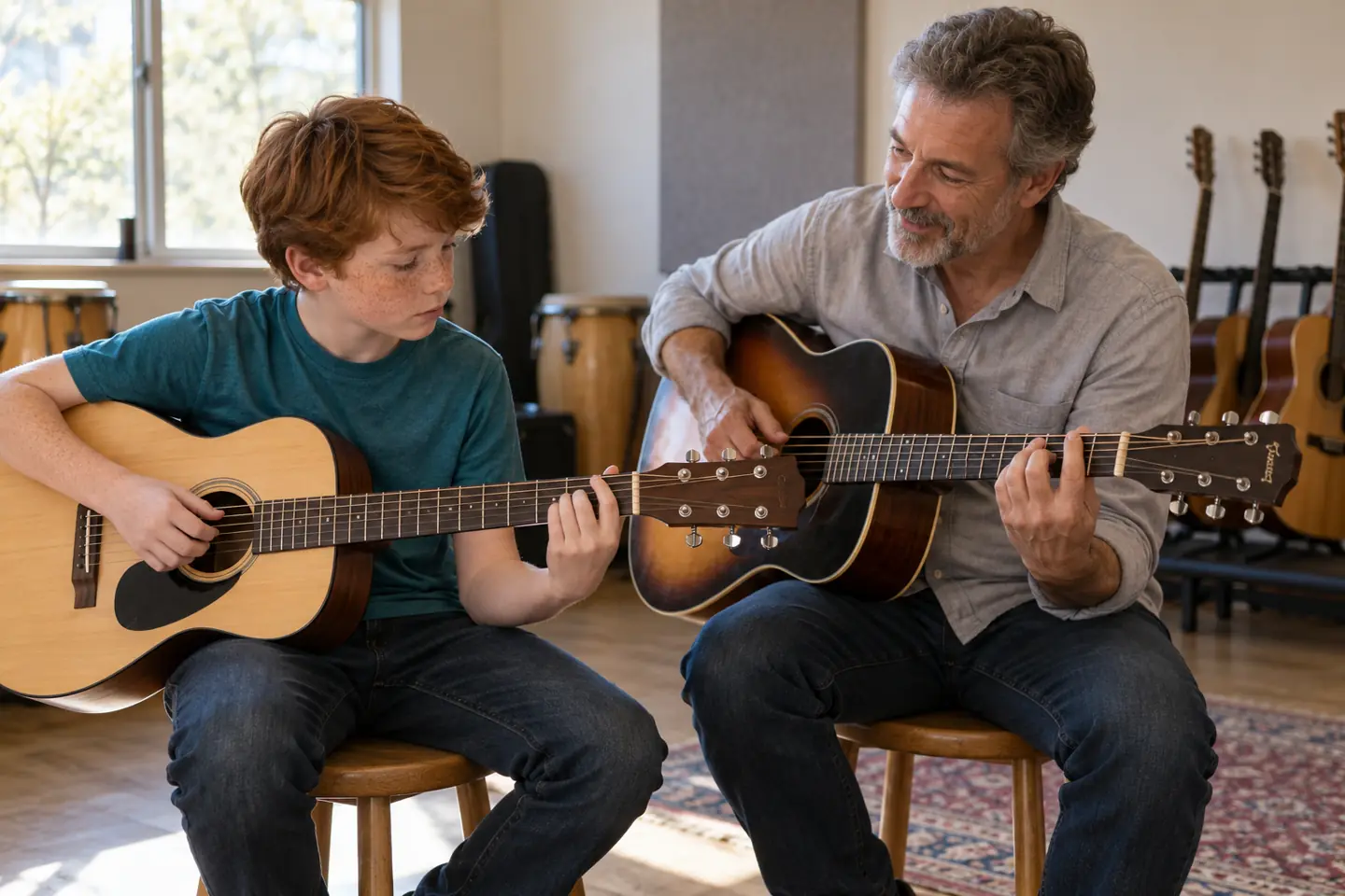 A middle school student practices guitar with an adult instructor during an extracurricular music activity.