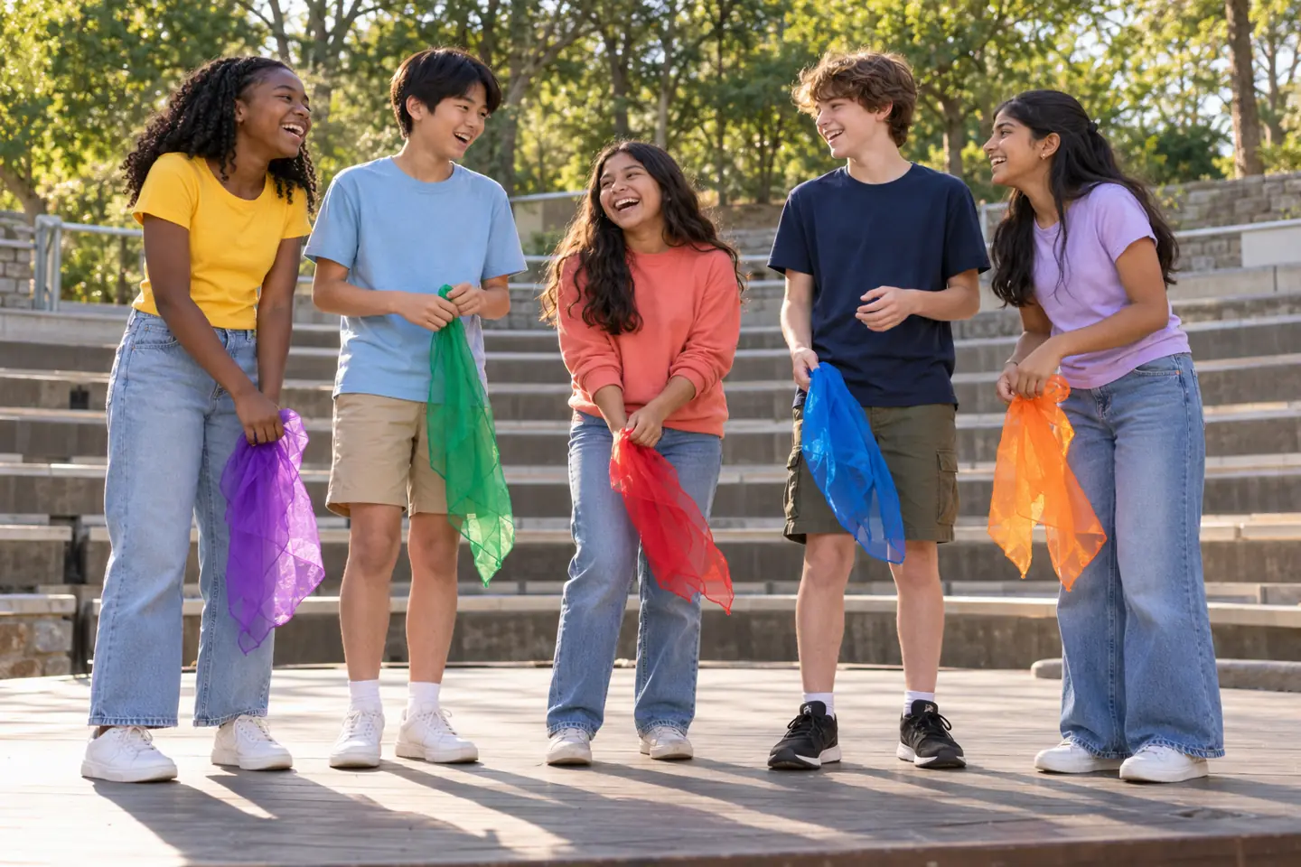 Five happy middle school students share a moment after drama practice on a public outdoor stage.