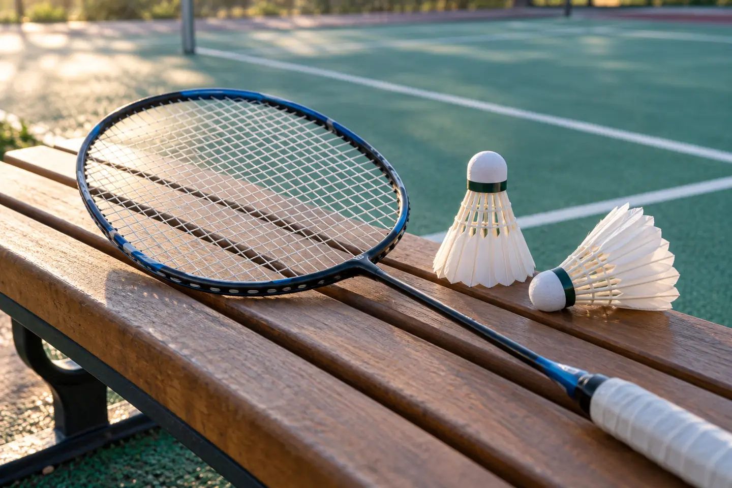 A badminton racket and two shuttlecocks rest on an outdoor recreation-court bench without people.