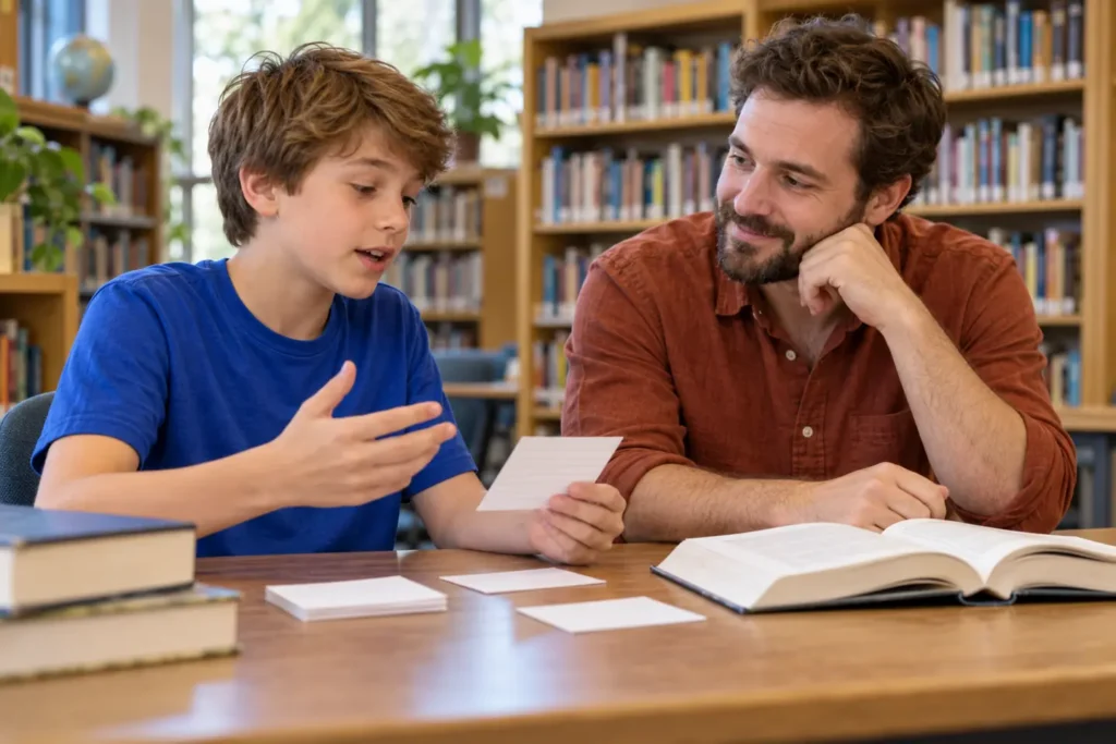 A middle school student explains an index-card answer to a tutor while practicing study tips for middle school.