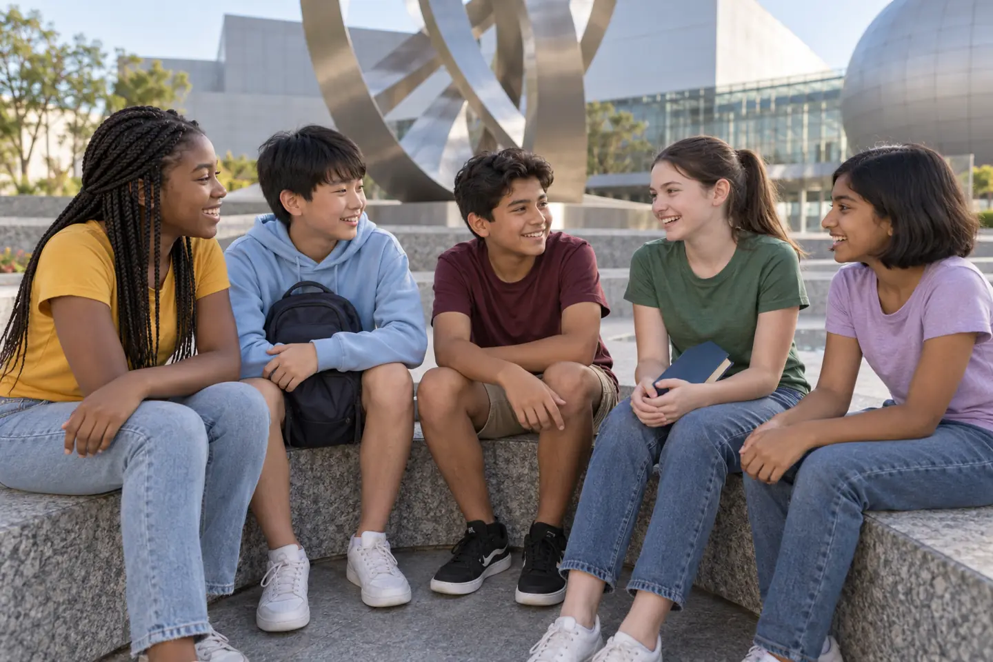 Five happy middle school students talk together outside a public science museum.