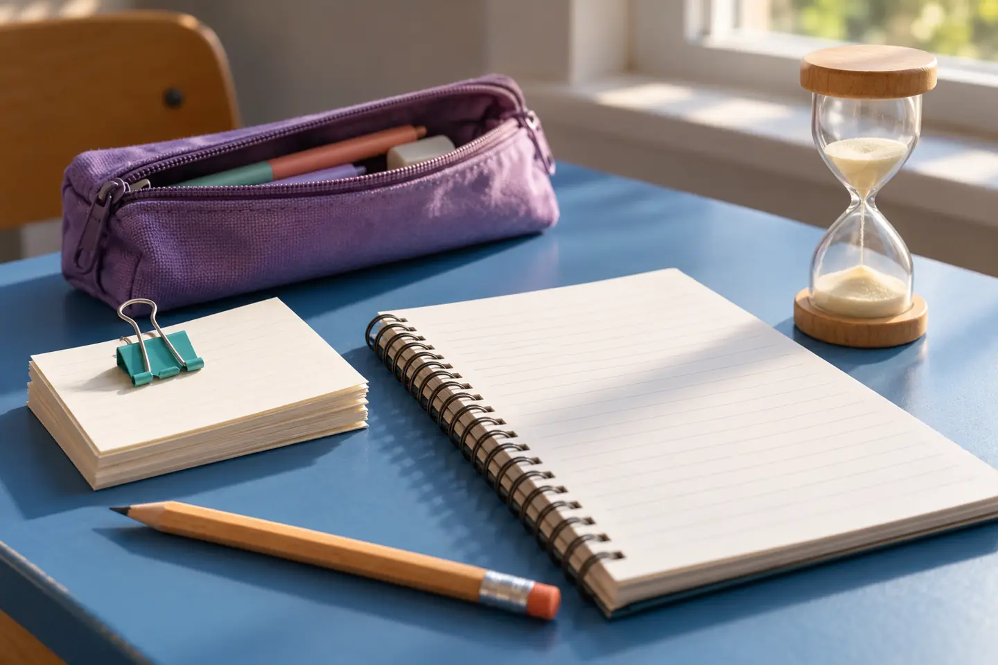 Index cards, a notebook, pencil pouch, pencil, and sand timer on a study desk without people.