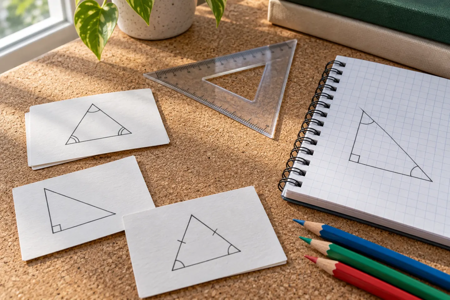 Geometry flashcards, ruler, pencils and notebook for midterm recall practice with no people