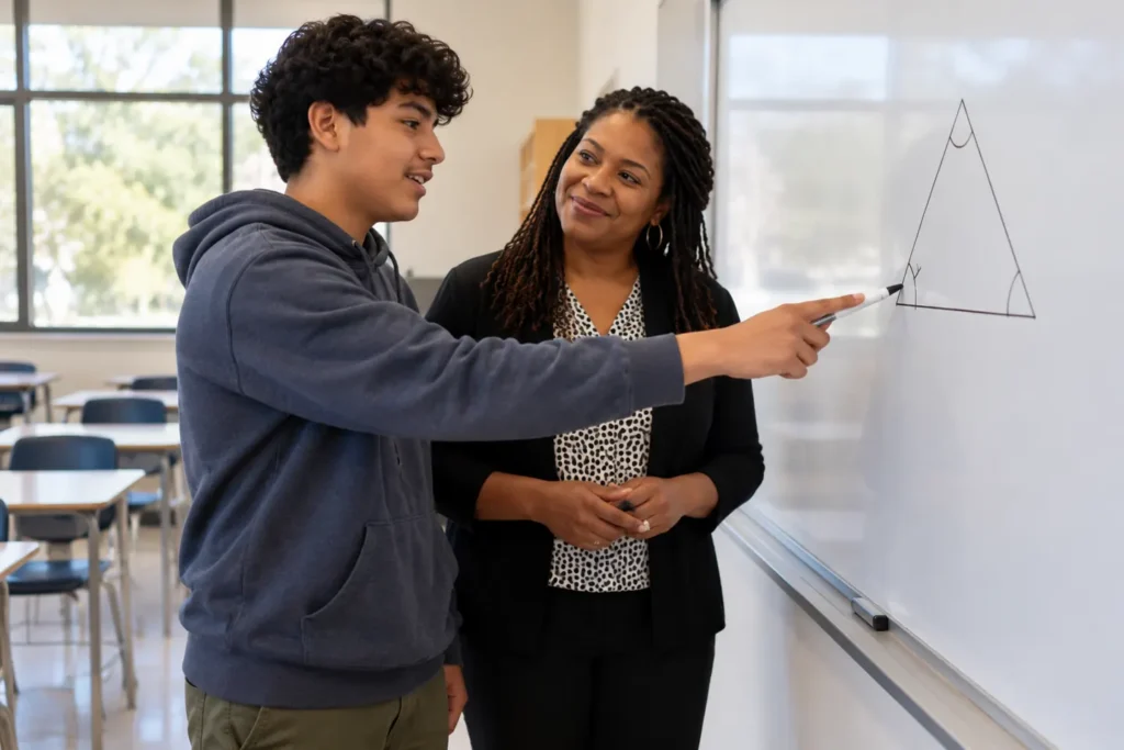 Student and teacher using midterm study tips to explain geometry at a whiteboard