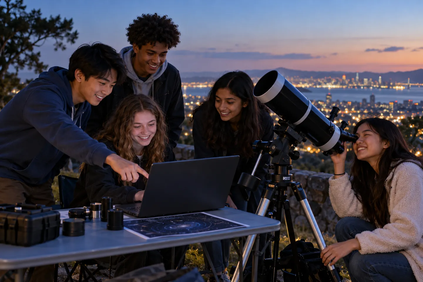 Happy young astronomy club members gather around a telescope in a public park
