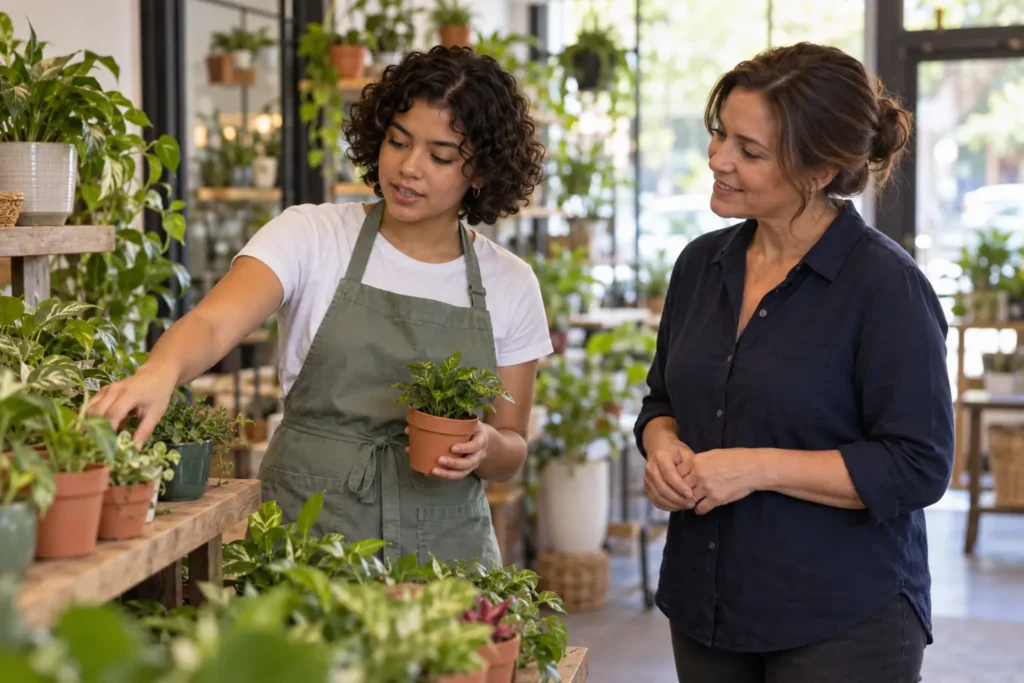 Teen completing plant-shop duties that can inform a Common App activities list