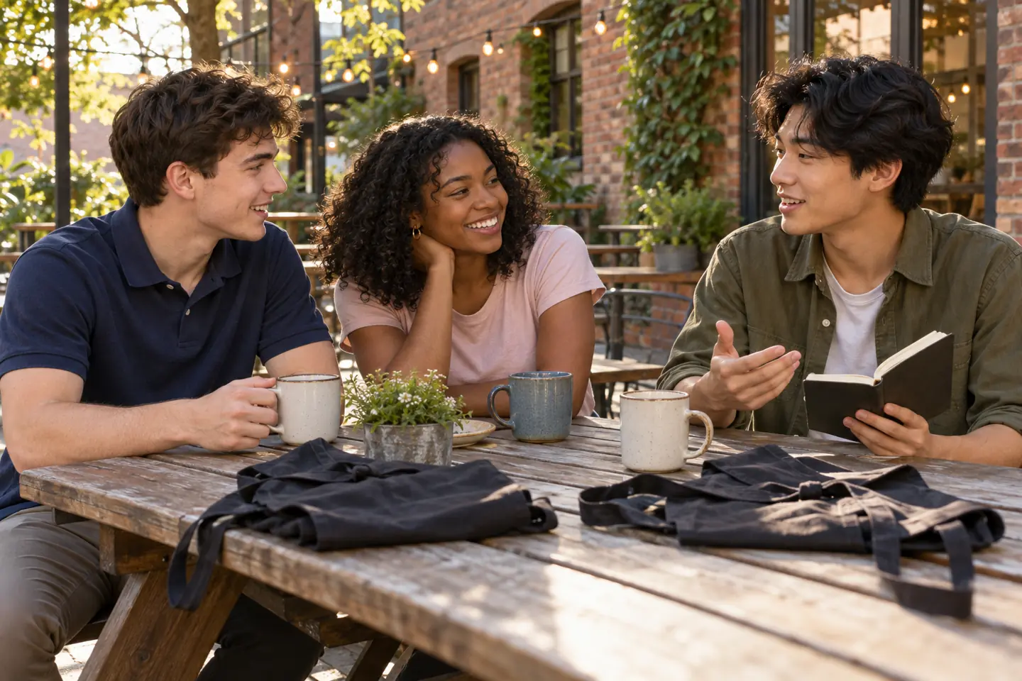 Three happy young people discussing work experiences at a public outdoor cafe