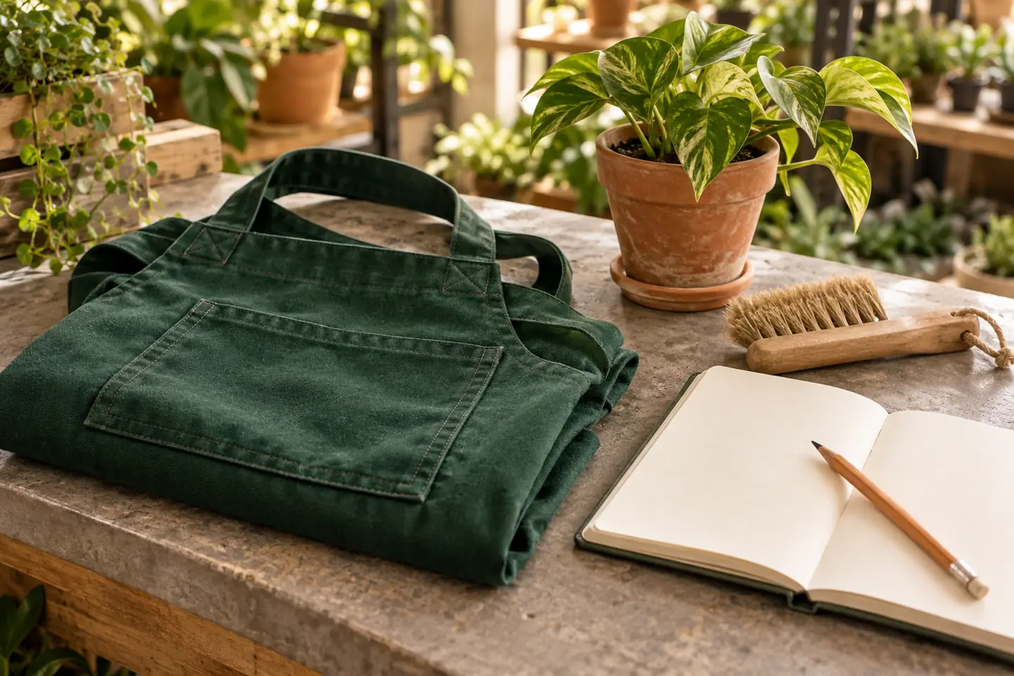 Folded work apron, hand brush, and blank notebook on a plant-shop counter