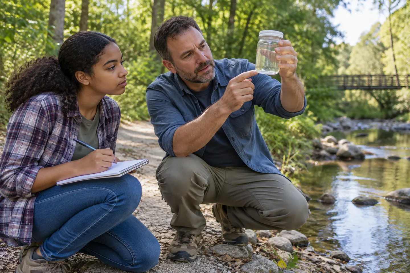 Student learning about environmental public service careers with an educator beside a creek