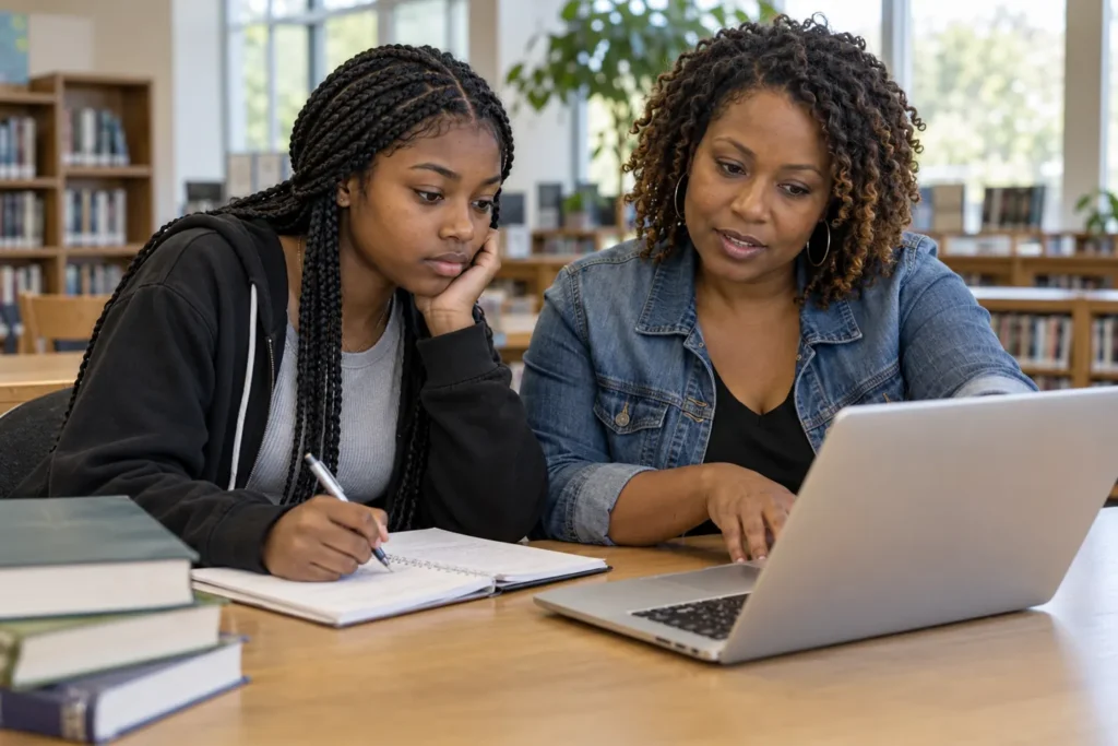 Student and mentor researching public service careers together in a library
