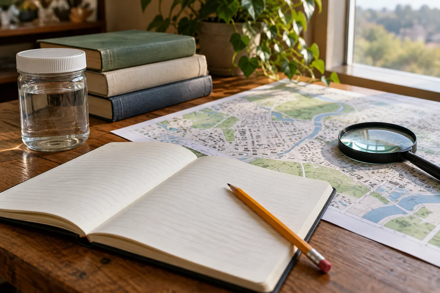 Notebook, neighborhood map and water sample jar for public service career research