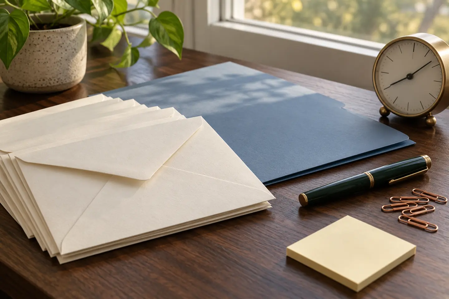 Envelopes folder pen and clock arranged for recommendation letter preparation with no people