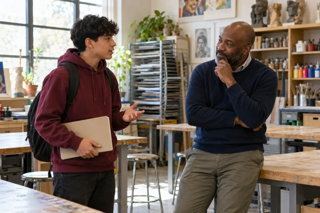 Student discussing a recommendation letter email request with his teacher