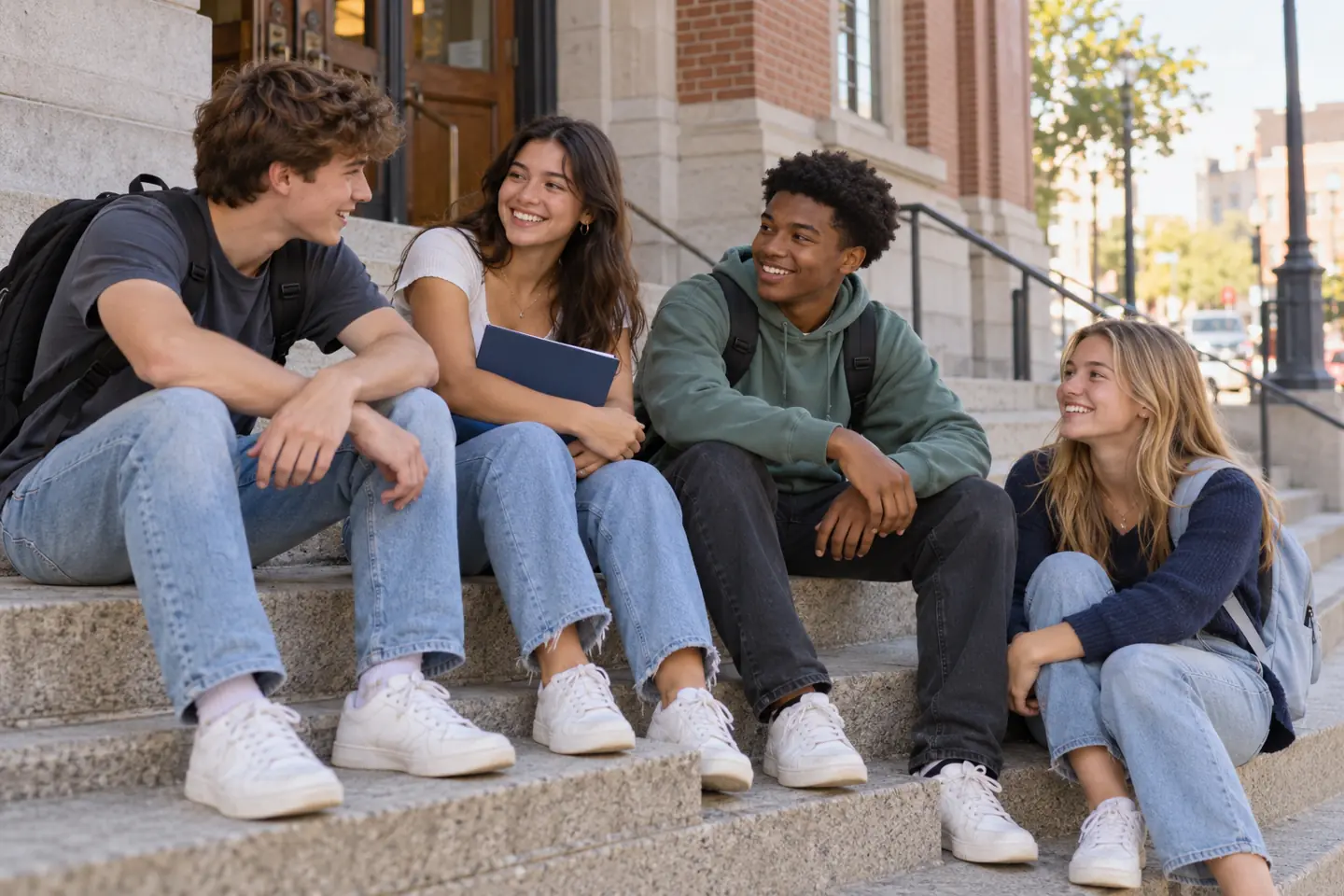 Happy group of four young students talking on public library steps