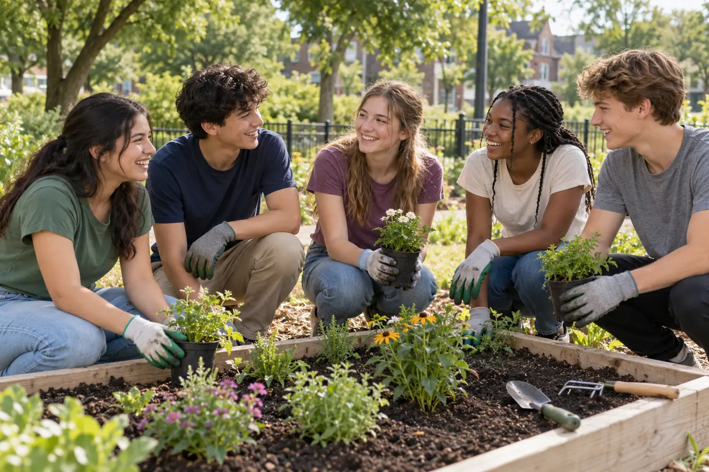 Happy group of five young people volunteering in a community garden