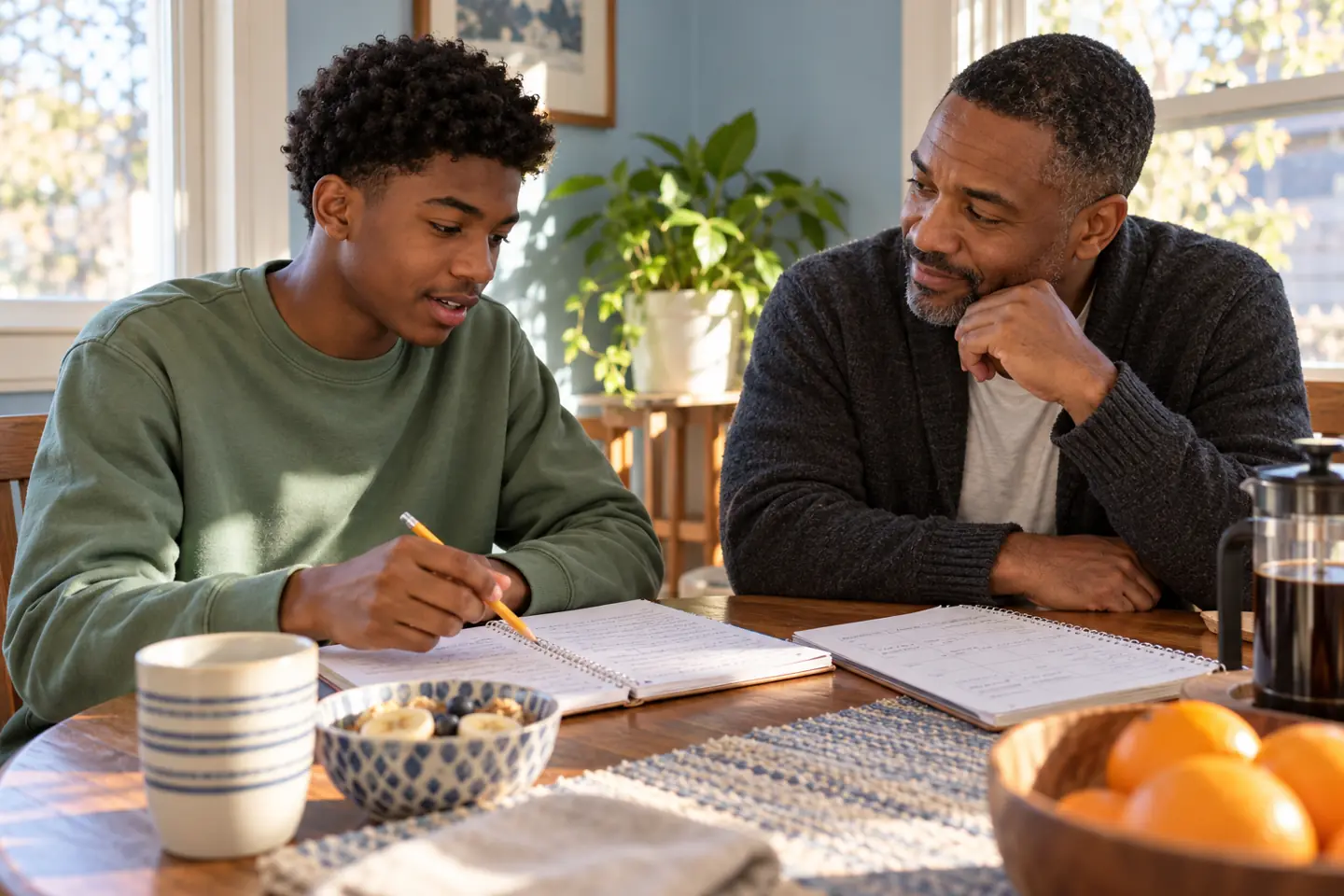 Student and father reviewing scholarship deadlines and an essay at a breakfast table