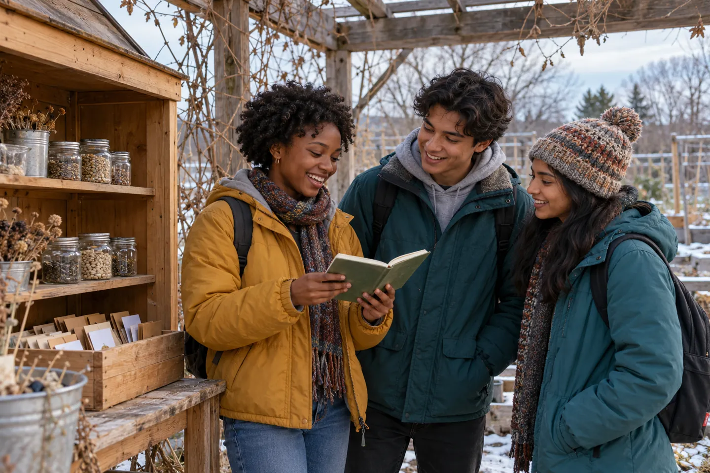 Three young people sharing a community-service story outdoors