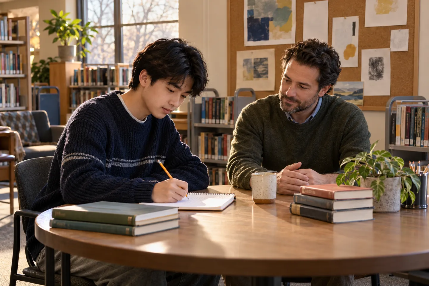 Student drafting a scholarship essay with a listening mentor in a library