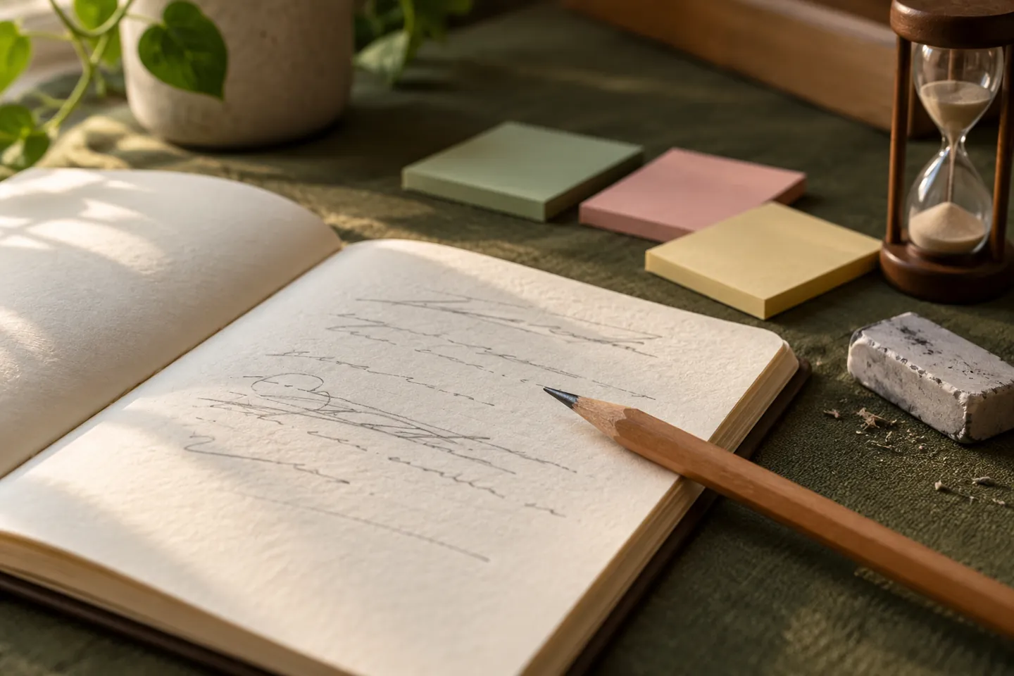 Scholarship essay notebook with revised lines, pencil, and eraser