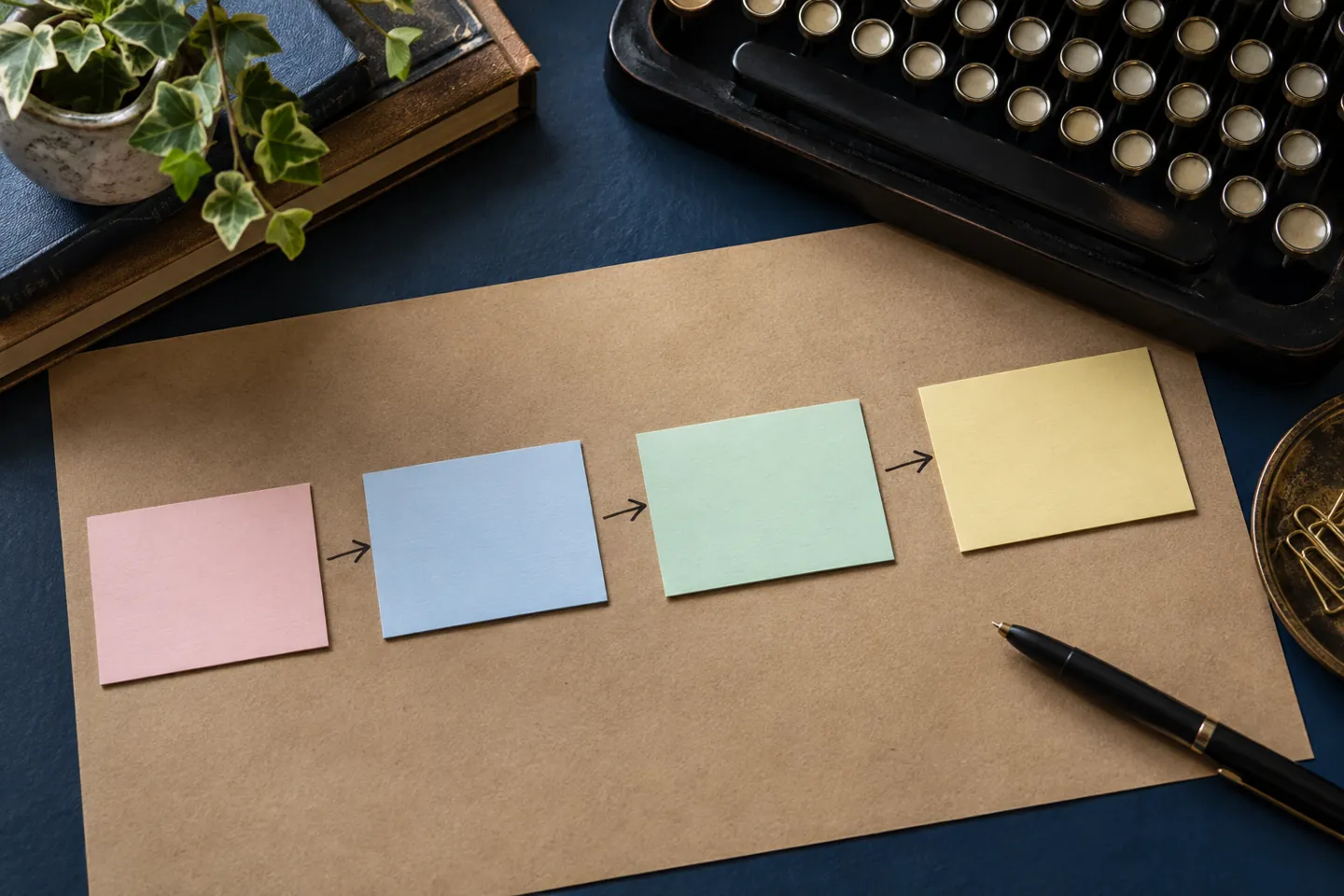Blank index cards and connecting arrows form a scholarship essay outline beside a typewriter