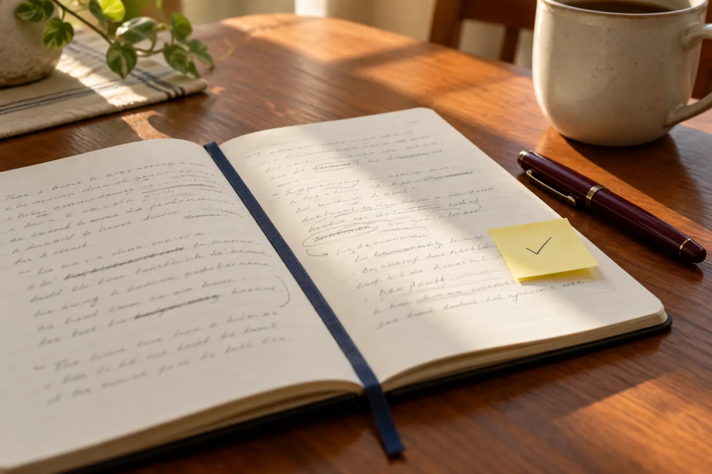Close-up of a scholarship essay notebook with revision marks, a pen, and a checked sticky note