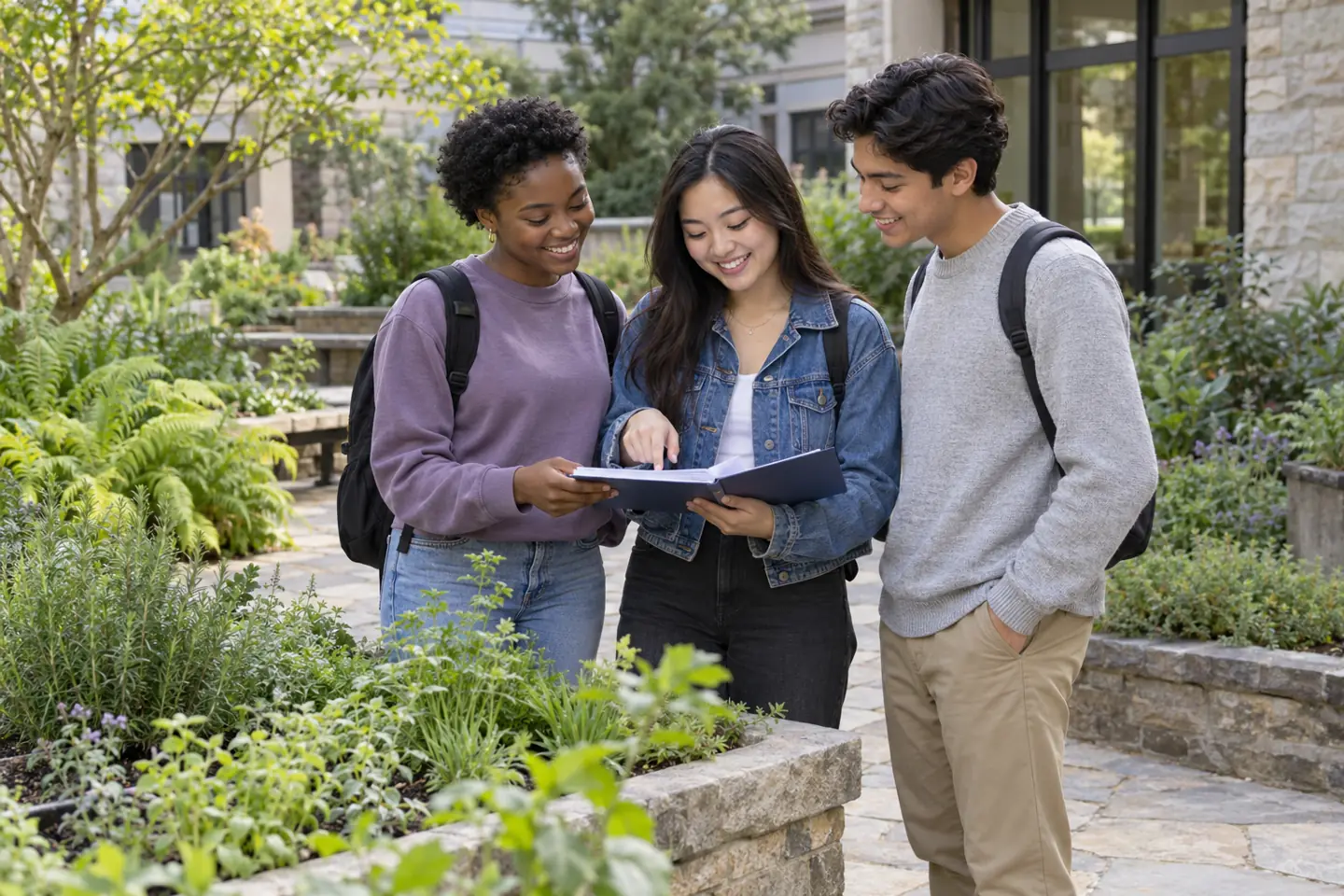 Three happy young people reviewing a scholarship planning folder in a botanical courtyard