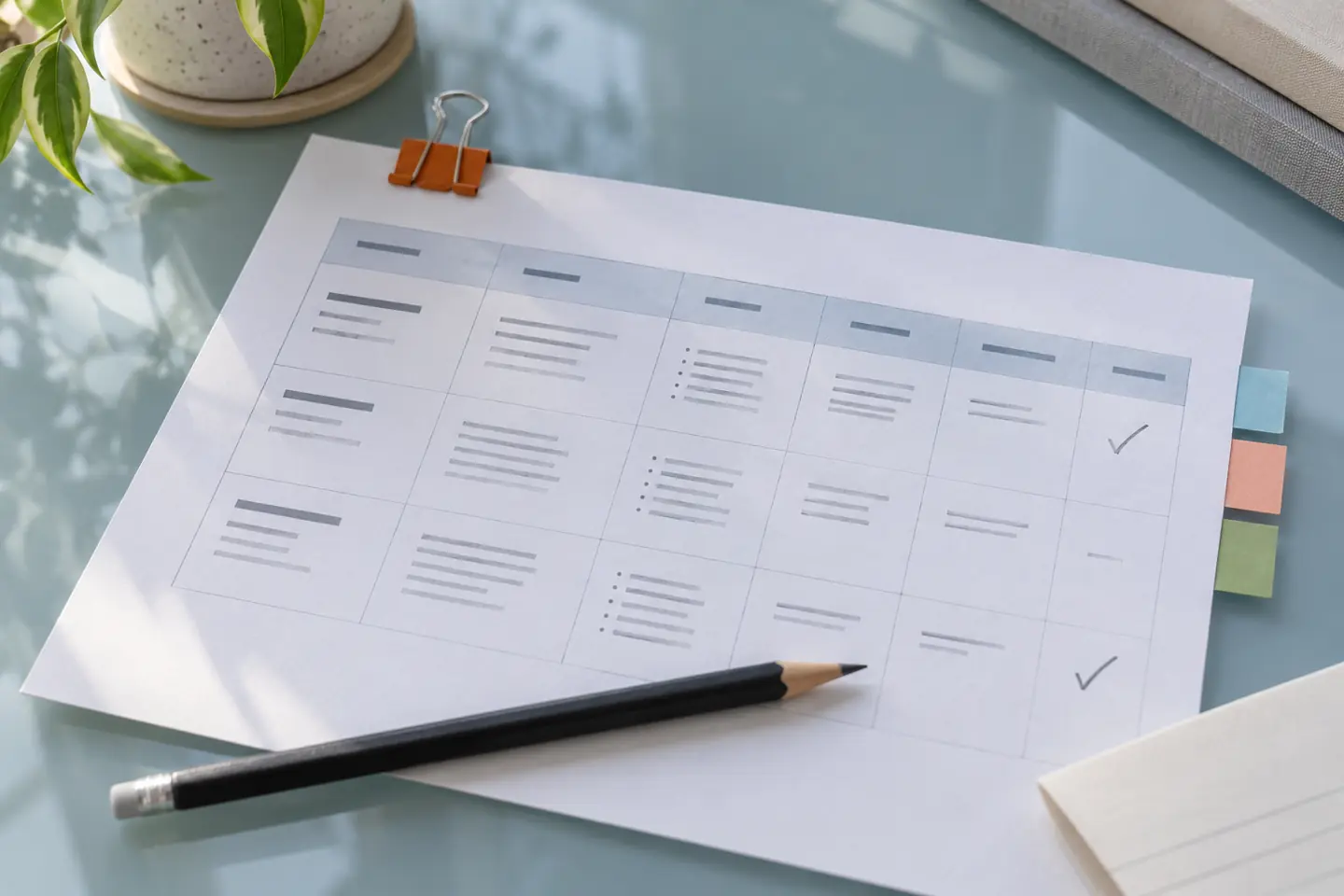 Close-up of a one-page scholarship match list worksheet with pencil, colored tabs, and orange clip