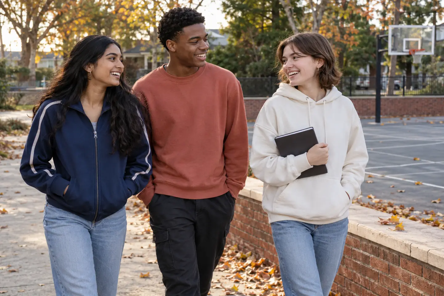 Three happy young people outdoors beside a neighborhood basketball court