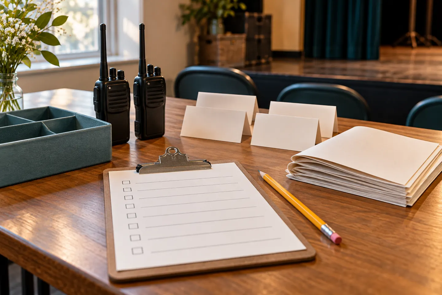 Clipboard, blank programs and radios for soft skills practice with no people