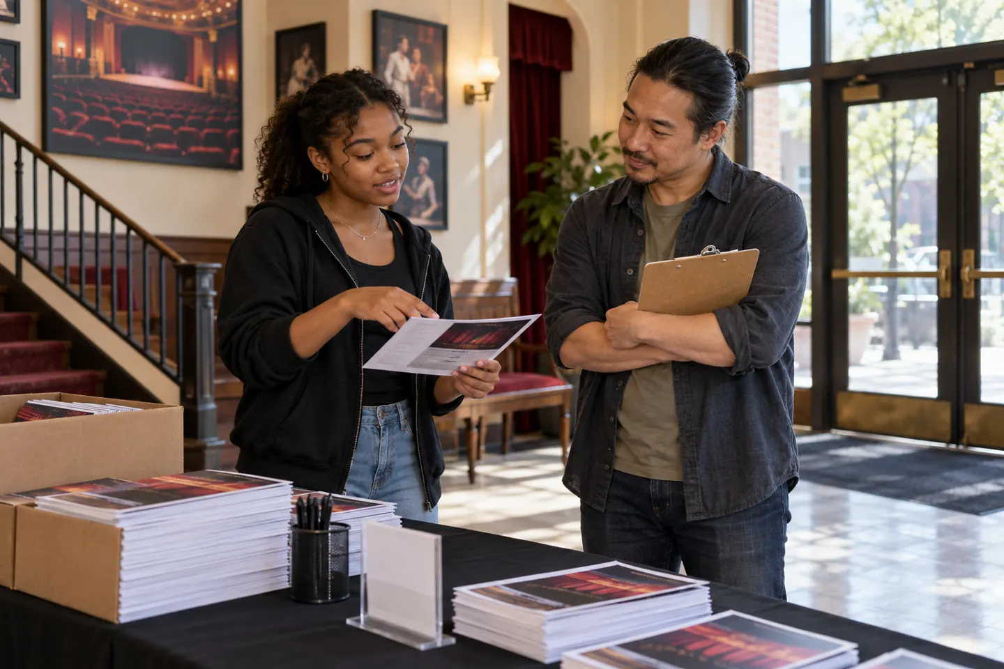 Teen practicing soft skills for students with a community theater coordinator