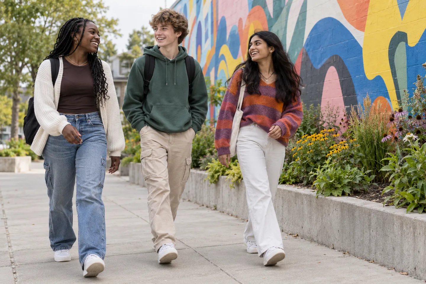 Three happy young people walk together outdoors beside a colorful public mural