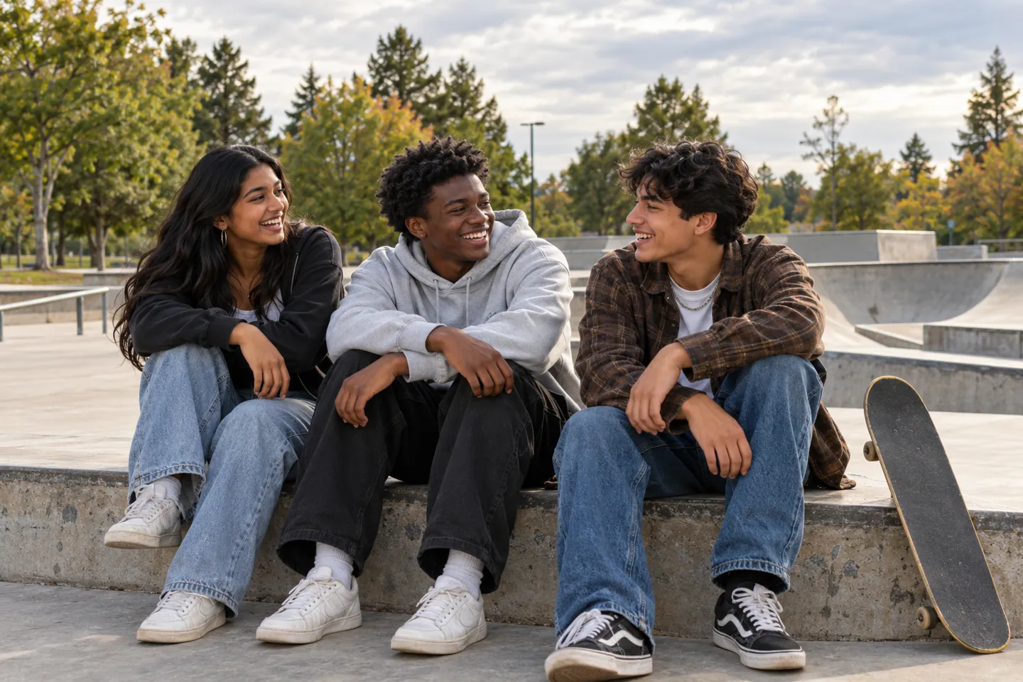 Three happy young friends together at a public skatepark