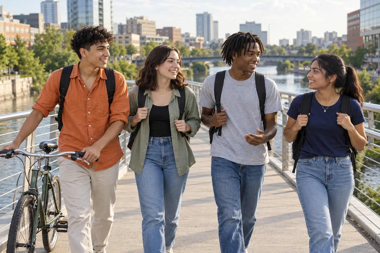 Four happy young people walk across a public pedestrian bridge with backpacks and a bicycle.