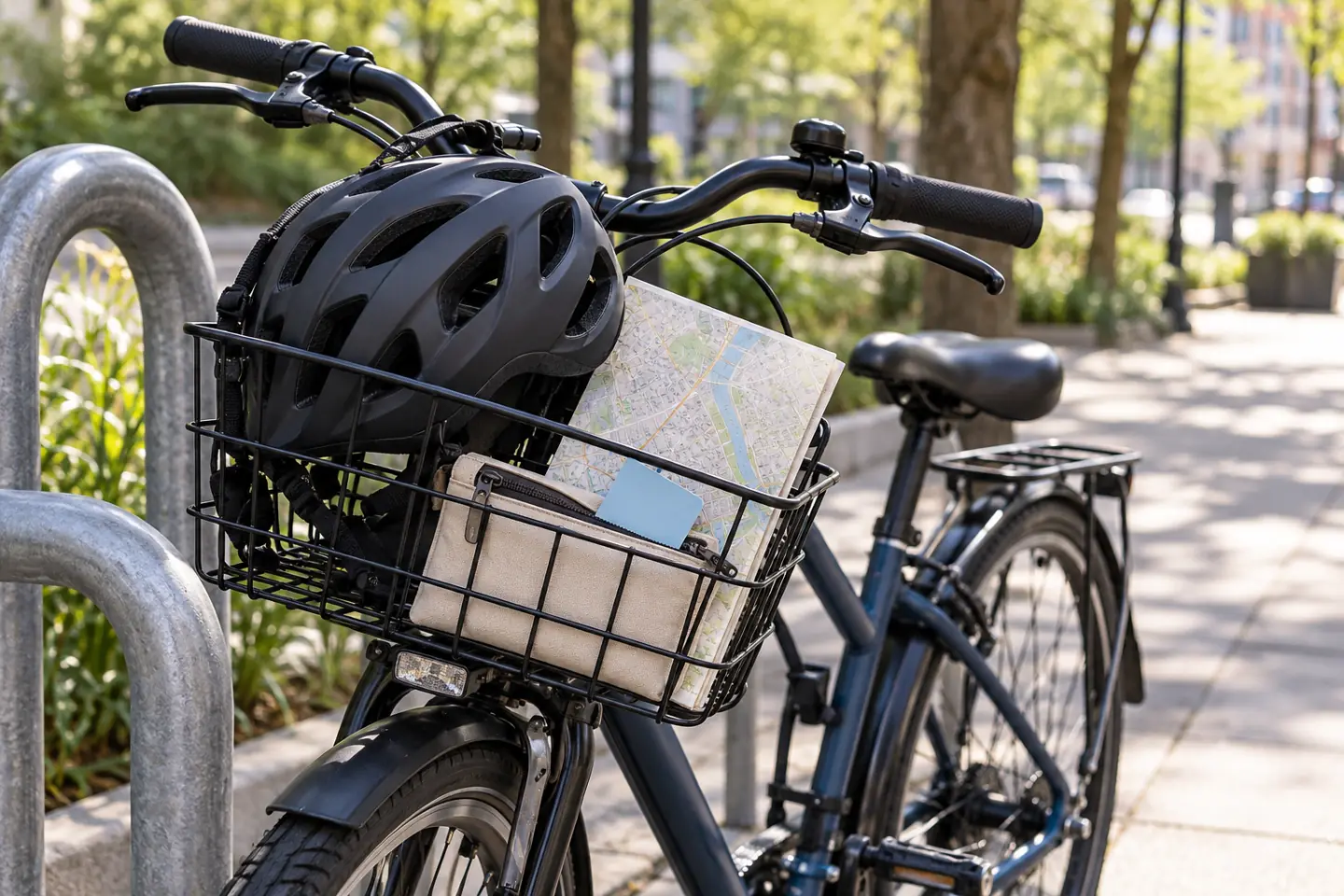 A bicycle basket holds a helmet, map, pouch, and plain transit card without people.