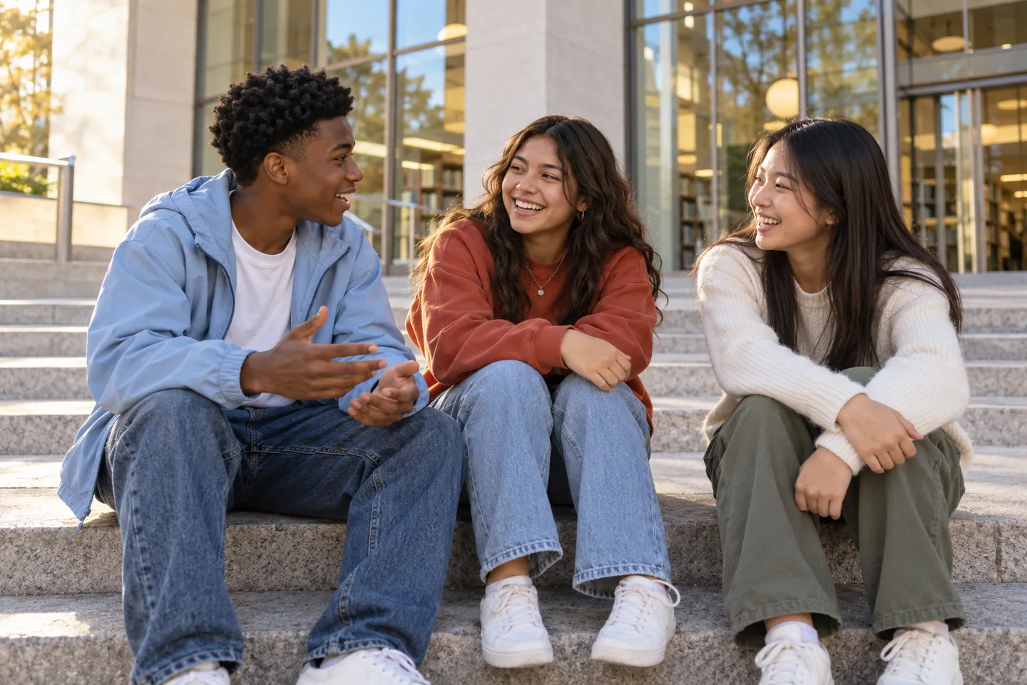 Three happy young people talk outdoors on the steps of a public library