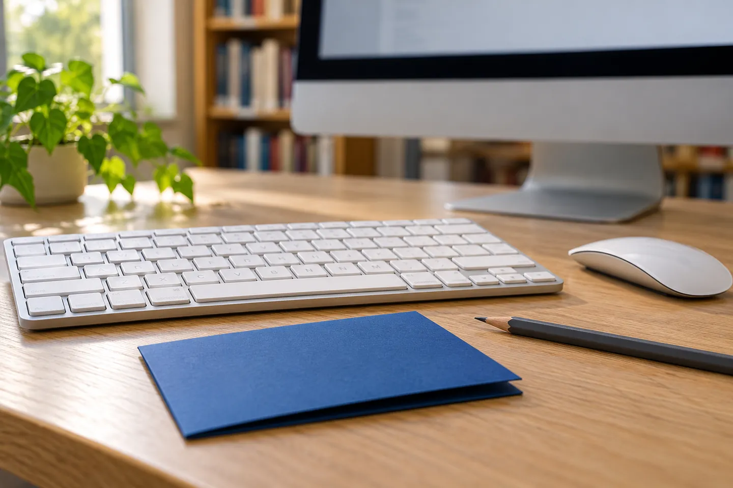 Computer keyboard, mouse, blue folded card, and pencil for preparing a student email