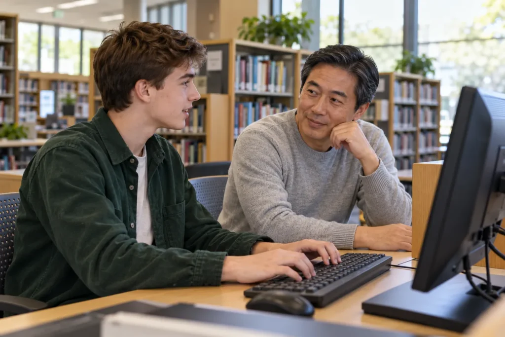 Student and mentor discuss a student email template at a public library computer
