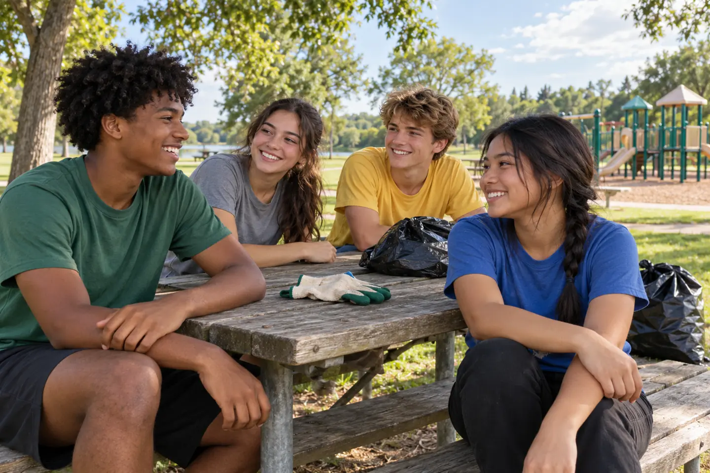 Happy group of four young people in a park after a community cleanup