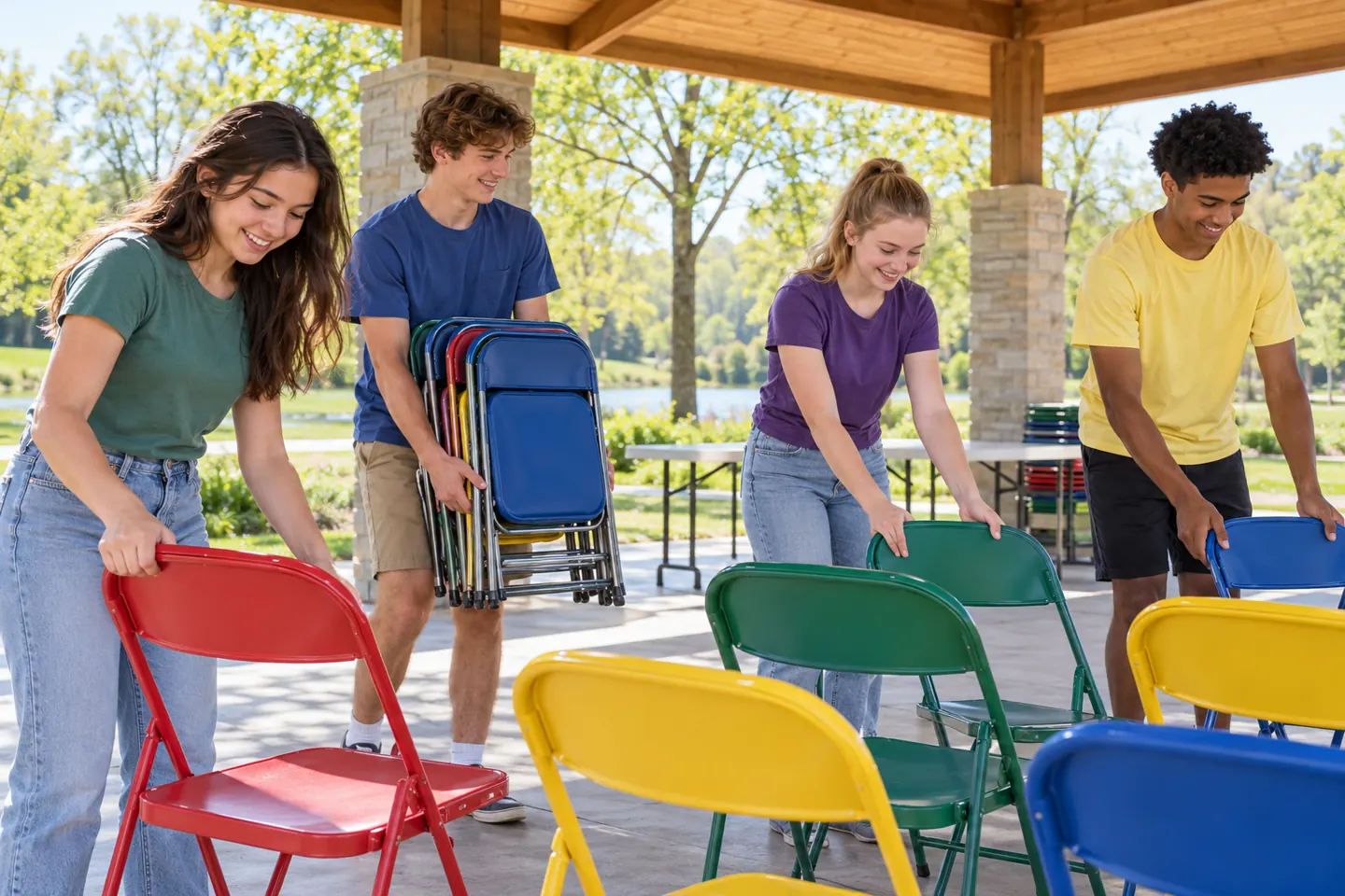 Four happy young people arranging chairs together at an outdoor event