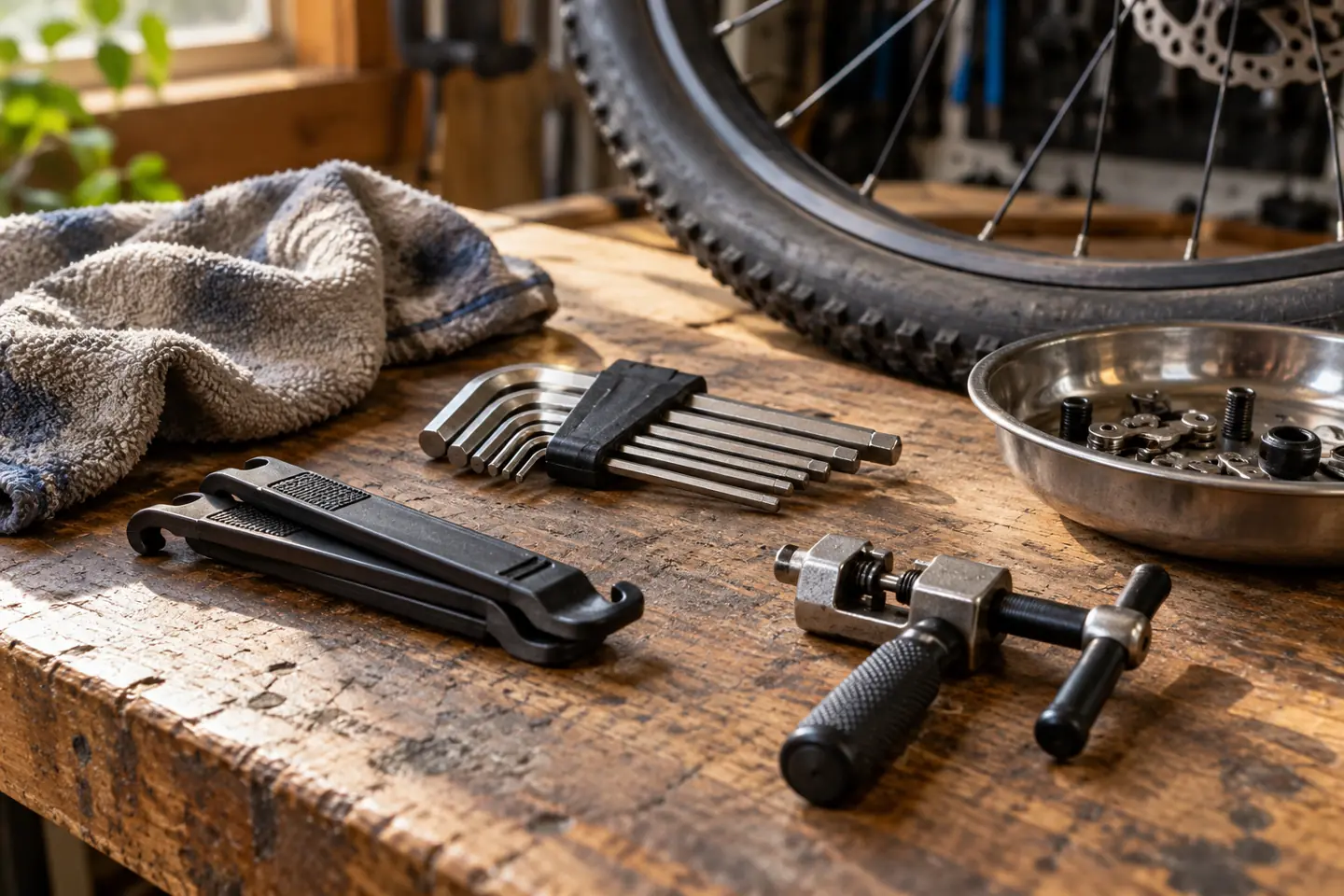 Close-up of bicycle repair tools and parts on a workbench with no people