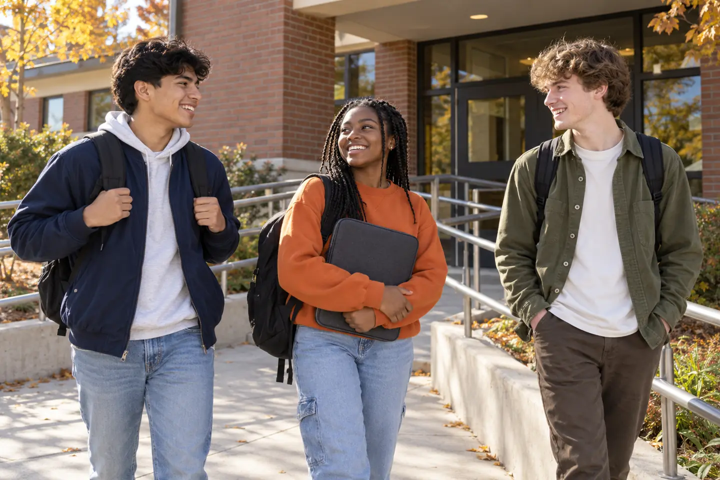 Three happy young people outside a community technology center with backpacks and a laptop sleeve