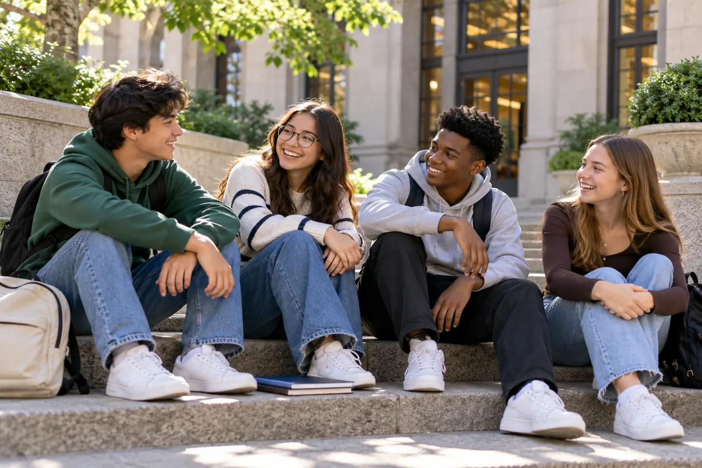 Four happy high school students taking a study break in a library courtyard