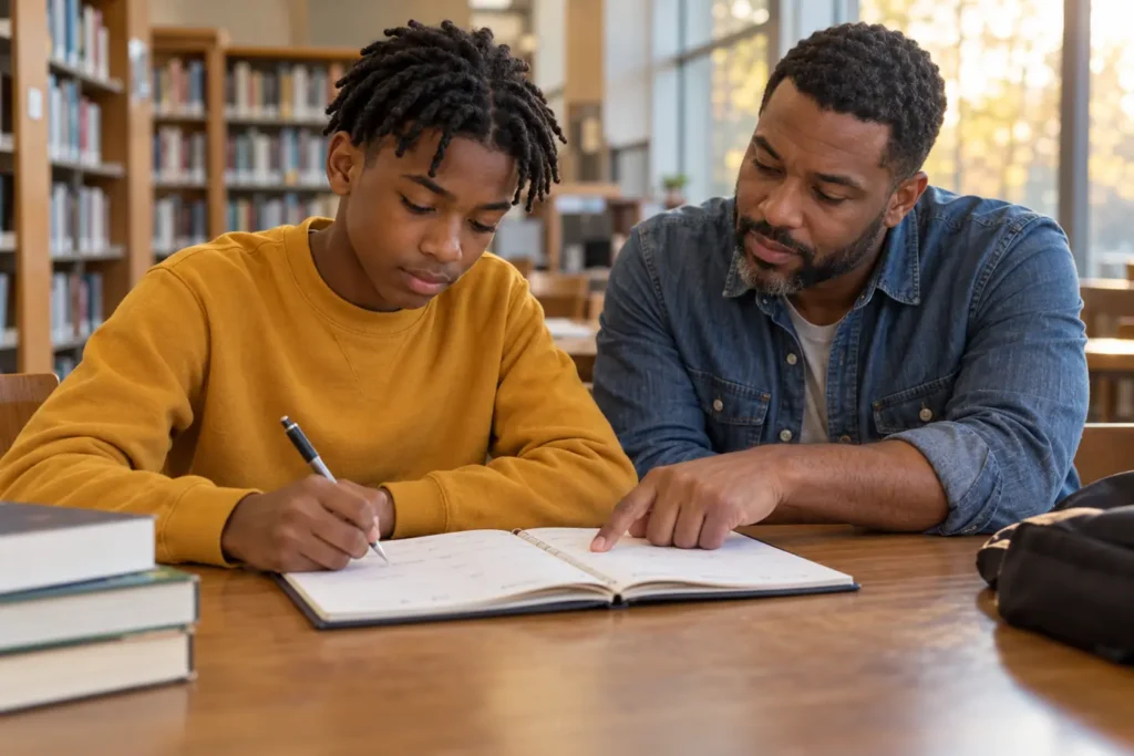 A student and adult review a study planner together at a public library table.