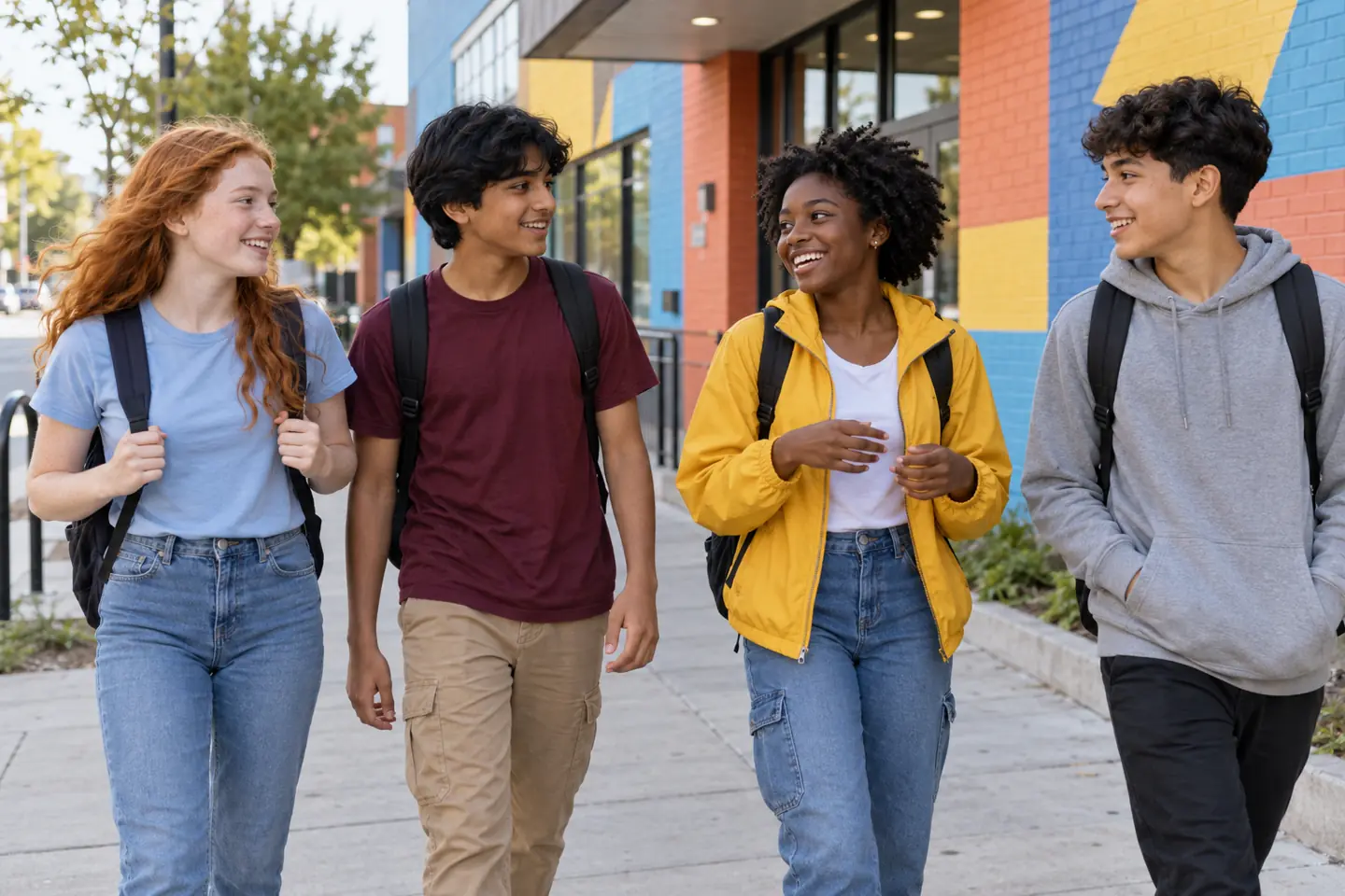 Four happy young people walk together outside a colorful community recreation center.