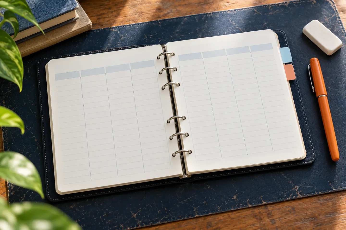 An open weekly study planner with blank columns, page tabs, an orange pen, and an eraser; no people.