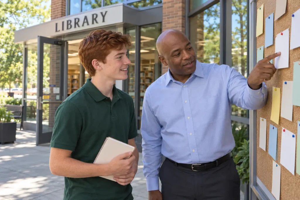 A student and career counselor discuss a summer job search plan at a library noticeboard.