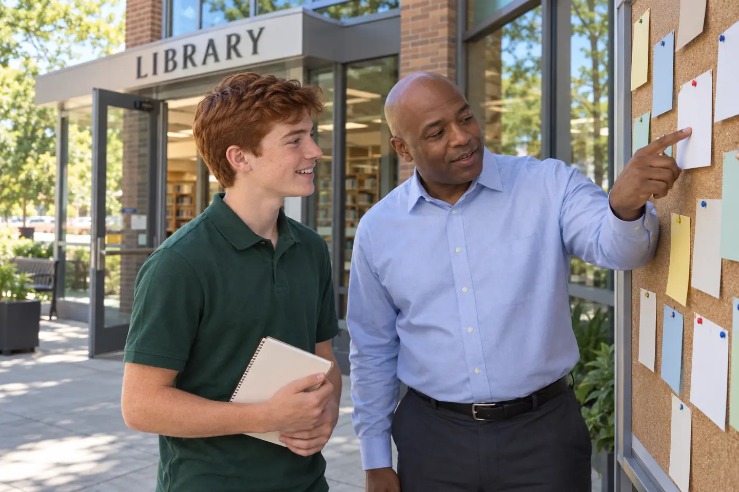 A student and career counselor discuss a summer job search plan at a library noticeboard.