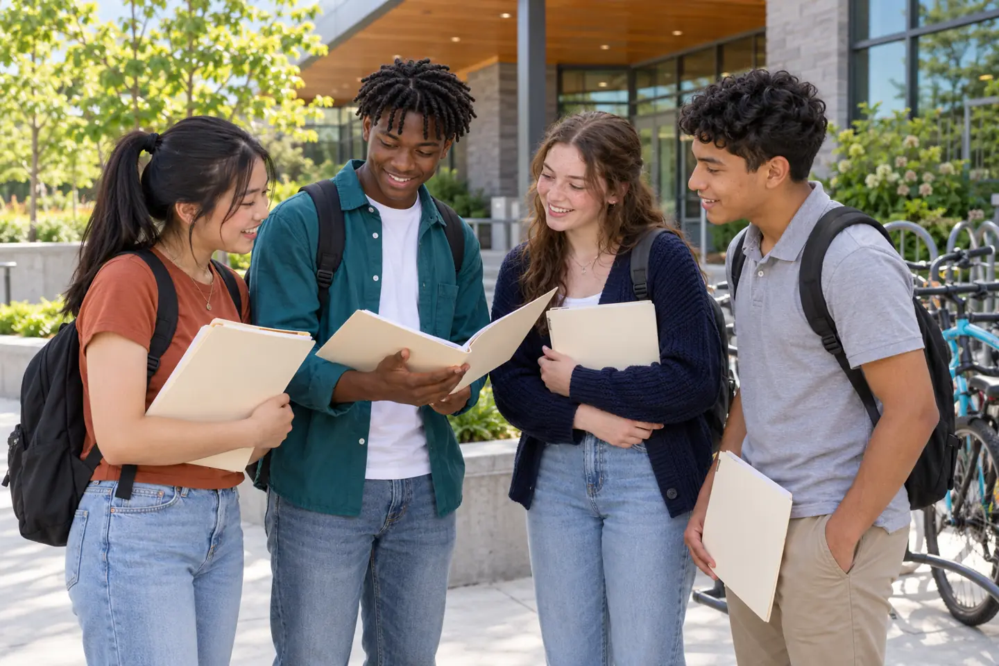 Four young people smile together outside a recreation center after a job search workshop.