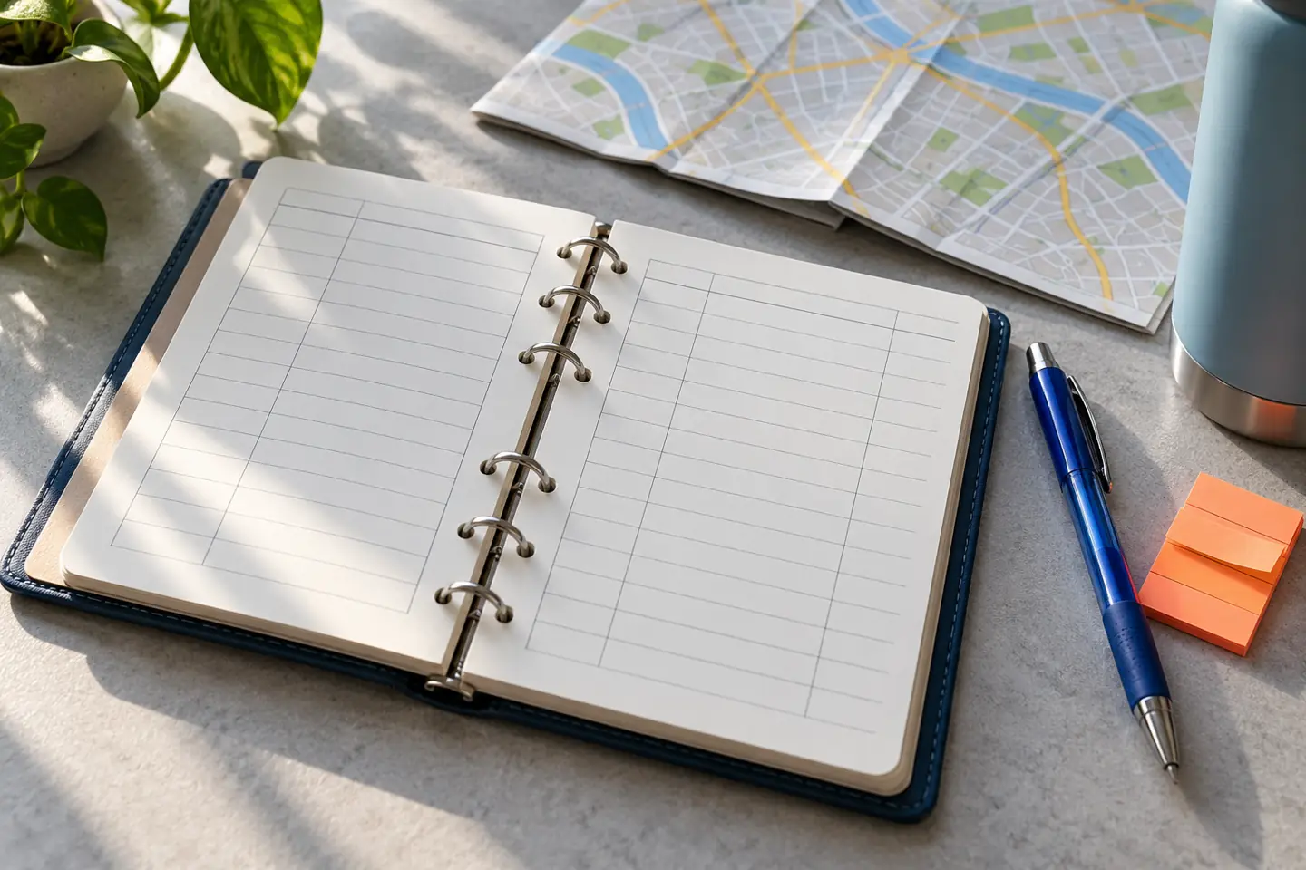 A blank job application tracker with a pen, orange page tabs, and a folded map.
