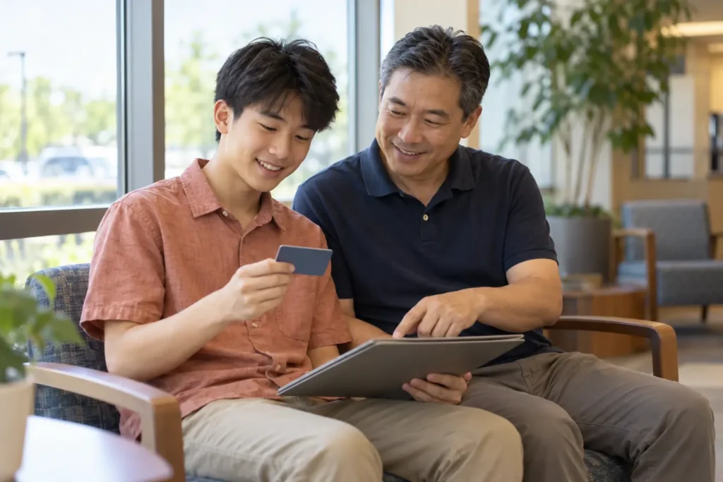 A teen and his father review a card and folder while learning bank account basics for teens.